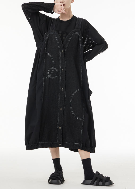 Art Black Oversized Patchwork Cotton Strap Dress Summer LC0127