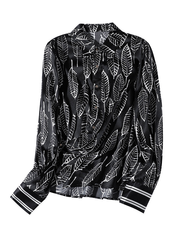 Art Black Peter Pan Collar Print Button Silk Shirts Long Sleeve LY1026