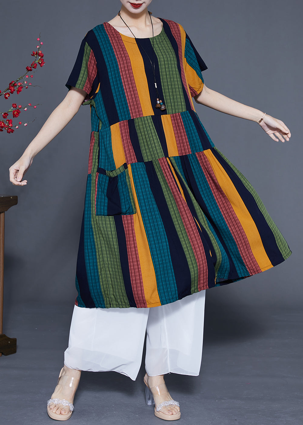 Art Colorblock Oversized Patchwork Striped Cotton Maxi Dresses Summer LY1106