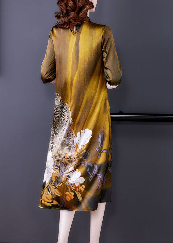 Art Khaki Mandarin Collar Print Silk Dresses Half Sleeve LY1712