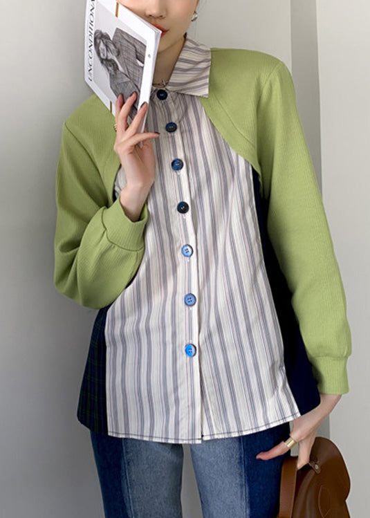 Art Peter Pan Collar Striped Patchwork Button Shirts Long Sleeve LY0799