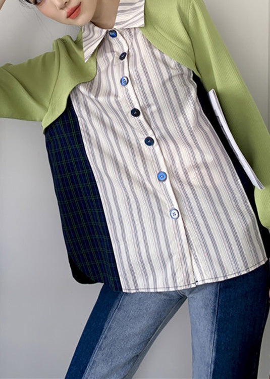 Art Peter Pan Collar Striped Patchwork Button Shirts Long Sleeve LY0799