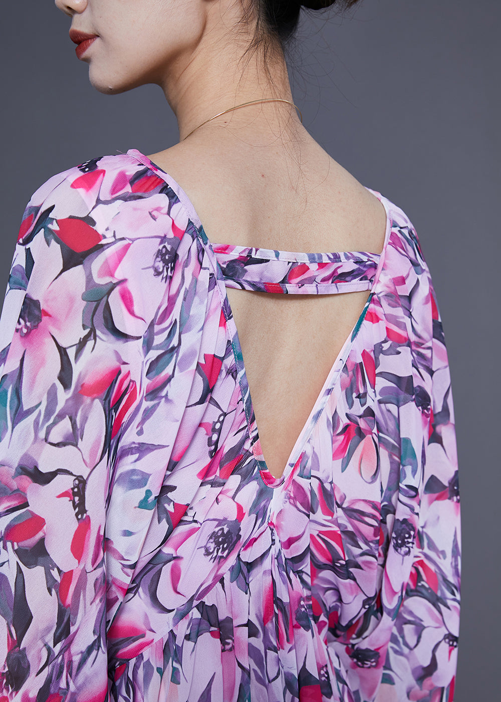 Art Purple Oversized Backless Print Chiffon Ankle Dress Lantern Sleeve LC0417