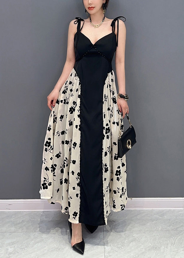 Beautiful Black Bustier Top Patchwork Print Silk Spaghetti Strap Dress Summer LY0558