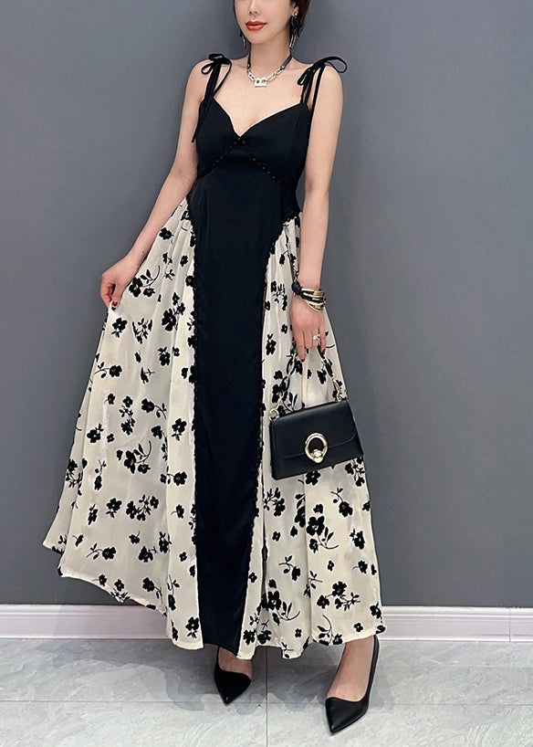 Beautiful Black Bustier Top Patchwork Print Silk Spaghetti Strap Dress Summer LY0558