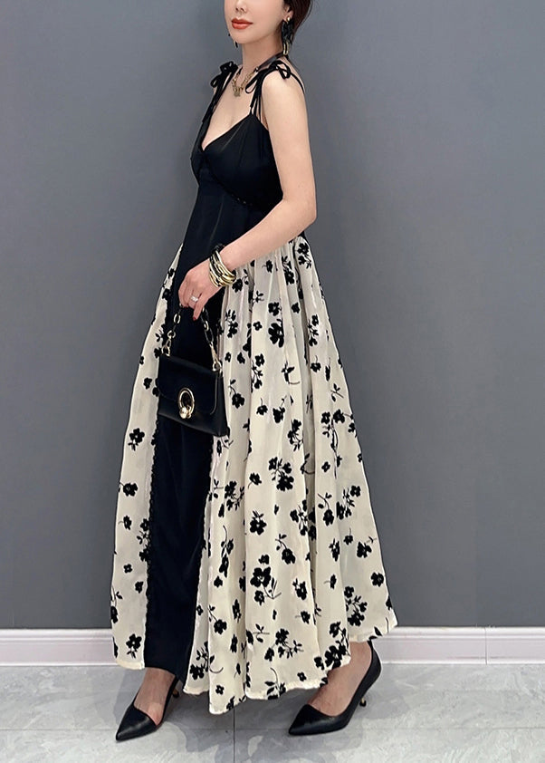 Beautiful Black Bustier Top Patchwork Print Silk Spaghetti Strap Dress Summer LY0558