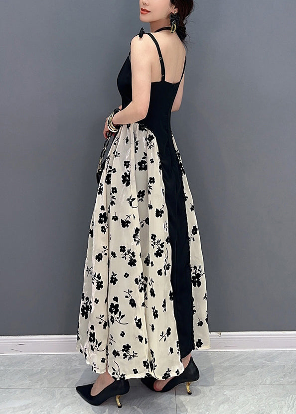 Beautiful Black Bustier Top Patchwork Print Silk Spaghetti Strap Dress Summer LY0558