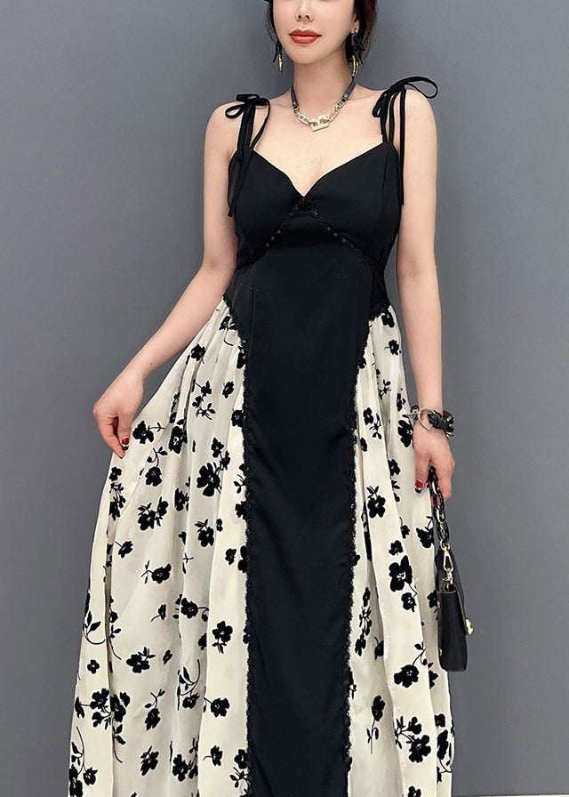 Beautiful Black Bustier Top Patchwork Print Silk Spaghetti Strap Dress Summer LY0558