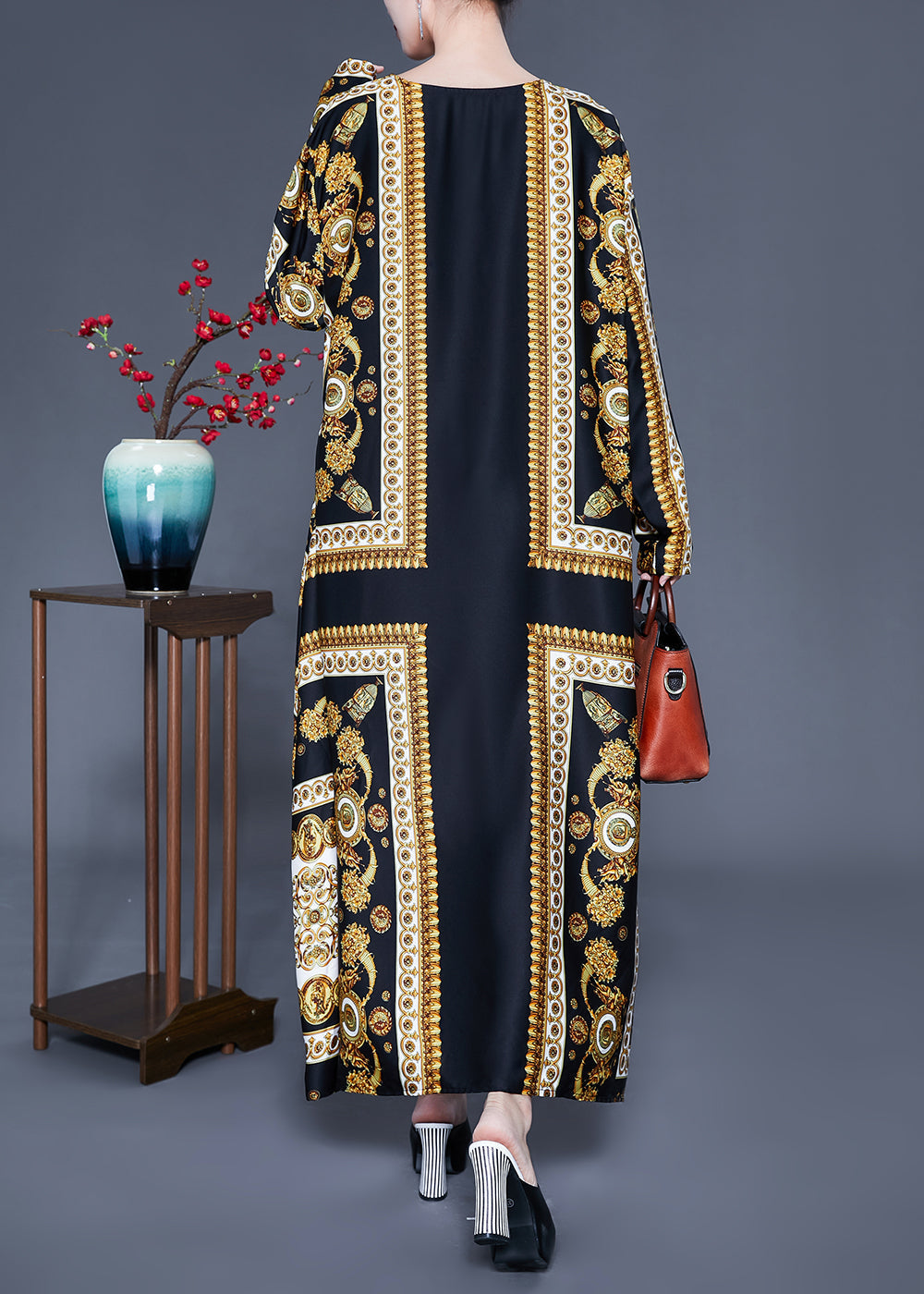 Beautiful Black V Neck Oversized Print Silk Ankle Dress Spring LY0938