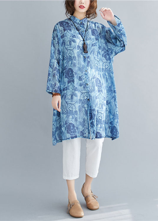 Beautiful Blue Stand Collar Oversized Print Linen Long Shirt Spring AC2025