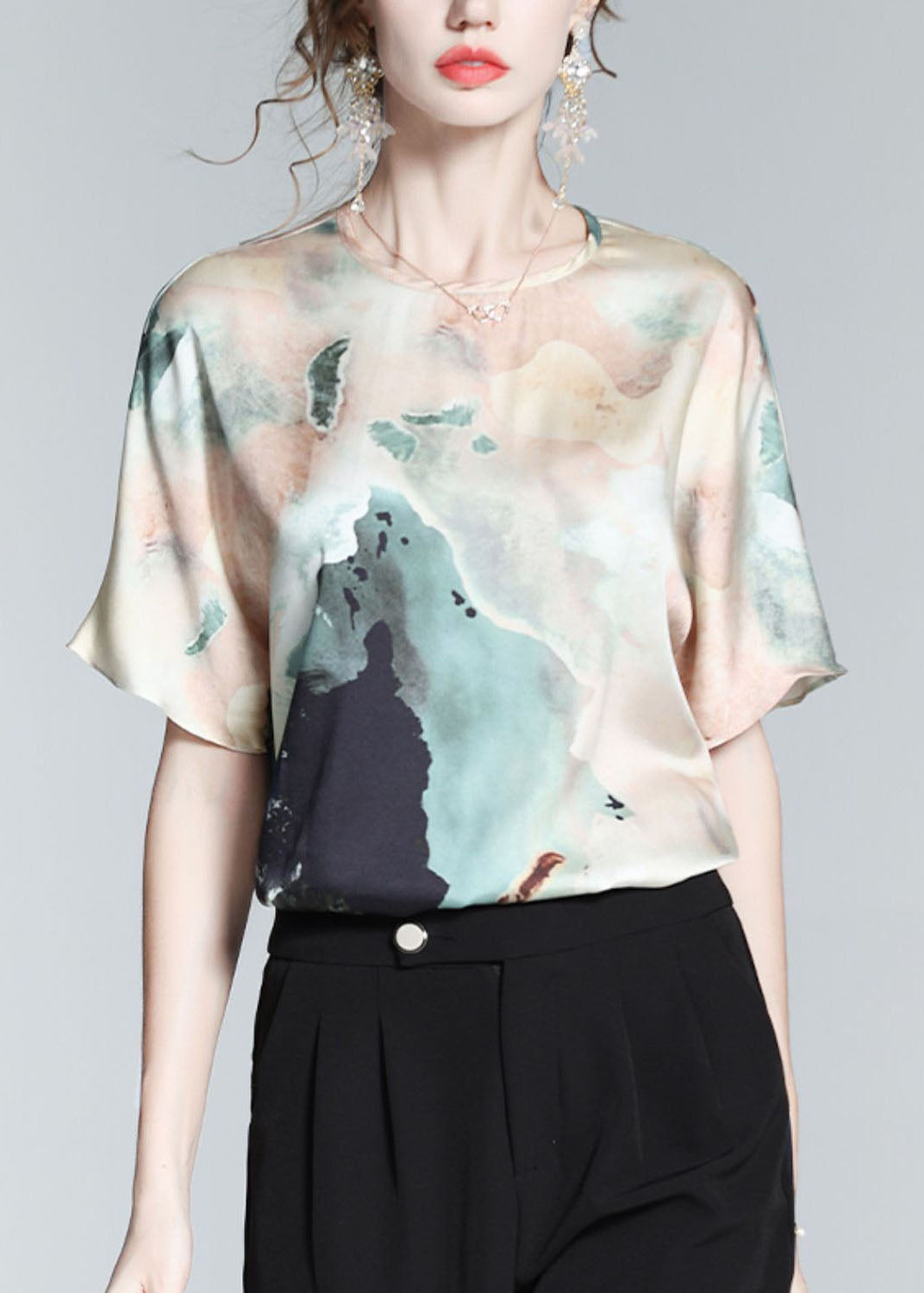 Beautiful Colorblock O Neck Print Silk T Shirt Top Summer LY0094