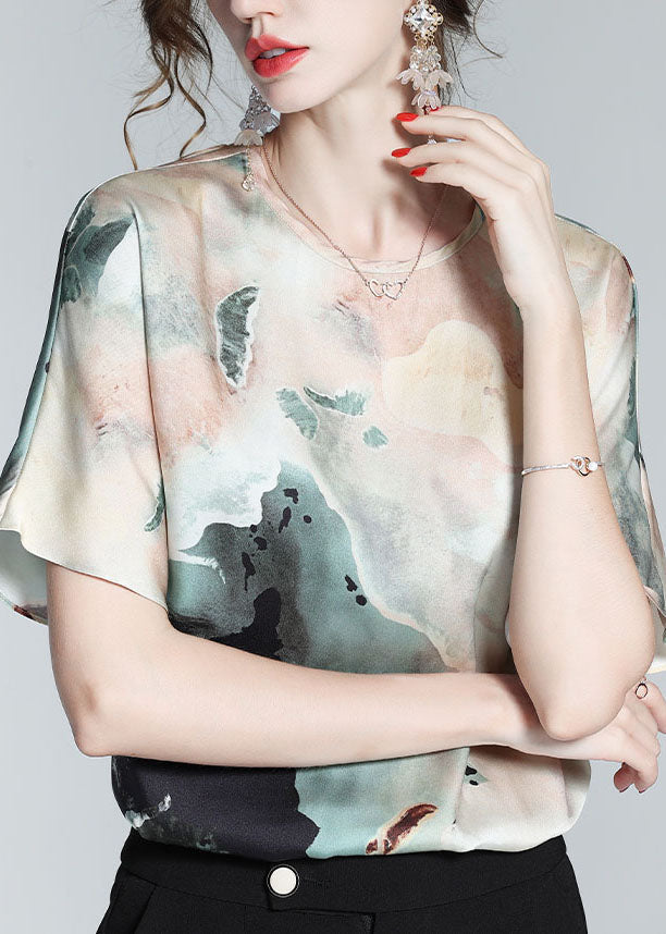 Beautiful Colorblock O Neck Print Silk T Shirt Top Summer LY0094