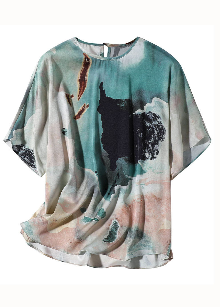 Beautiful Colorblock O Neck Print Silk T Shirt Top Summer LY0094