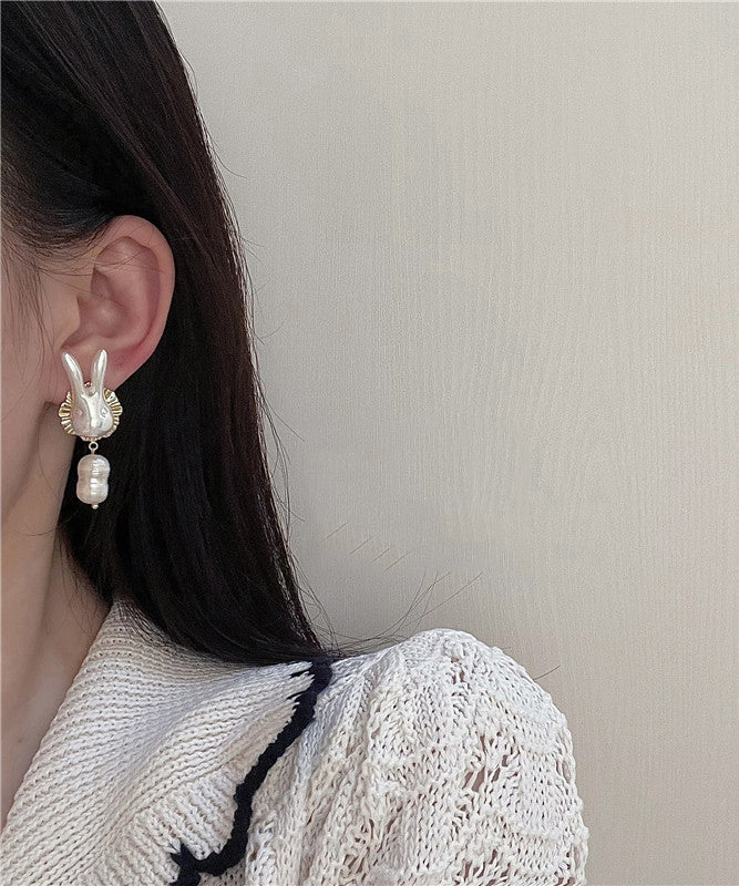 Beautiful Gold Sterling Silver Alloy Pearl Rabbit Drop Earrings LY1801