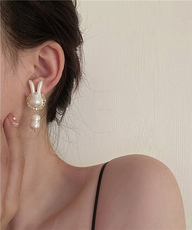 Beautiful Gold Sterling Silver Alloy Pearl Rabbit Drop Earrings LY1801