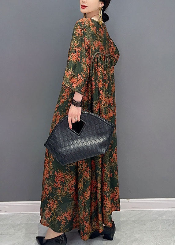 Beautiful Green O Neck Print Patchwork Cotton Maxi Dresses Spring LC0347