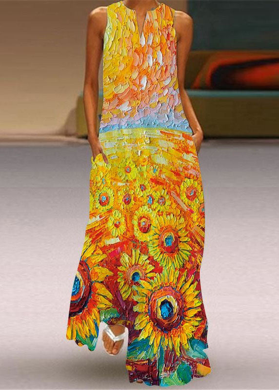 Beautiful Green Print Pockets Chiffon Beach Dress Sleeveless LY1924