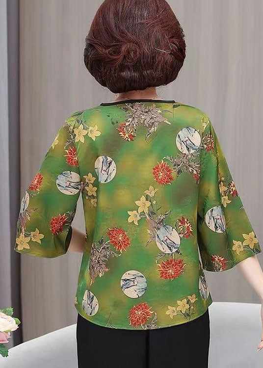 Beautiful Green V Neck Print Button Silk Tops Summer TI1003