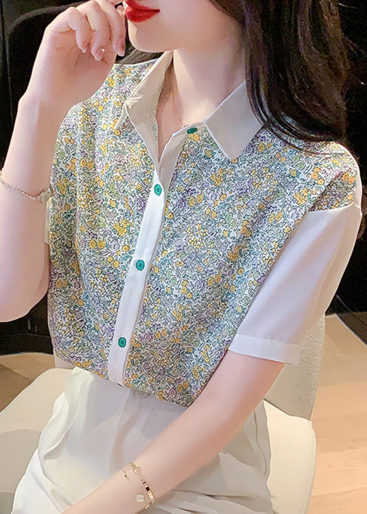 Beautiful Peter Pan Collar Print Button Chiffon Shirt Short Sleeve LY0362