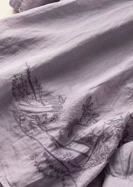 Beautiful Purple Embroideried Patchwork Linen T Shirt Top Summer LY0616