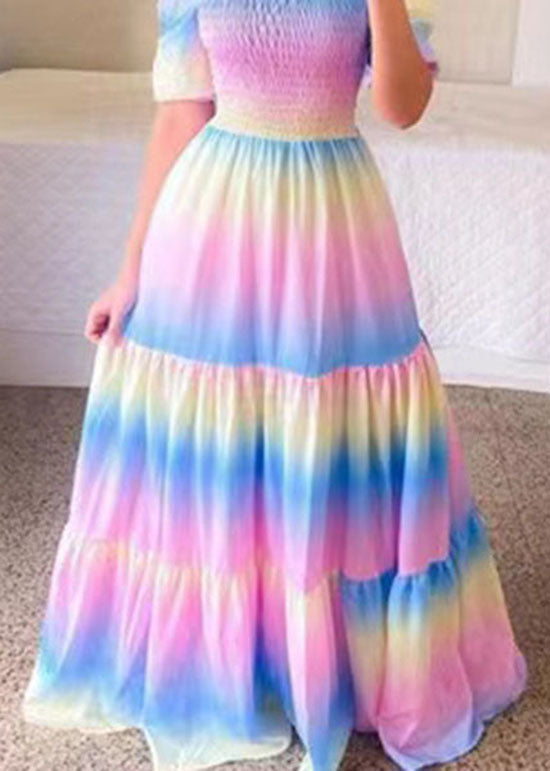 Beautiful Purple Off The Shoulder Wrinkled Print Patchwork Cotton Dress Summer LY1932