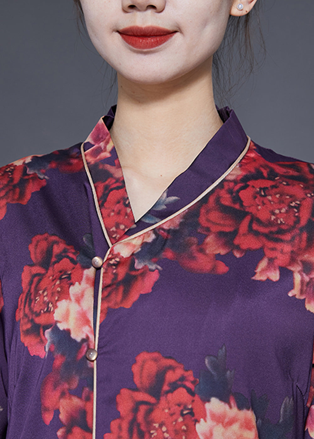 Beautiful Purple Print Lace Up Side Open Silk Long Dress Bracelet Sleeve LY1838
