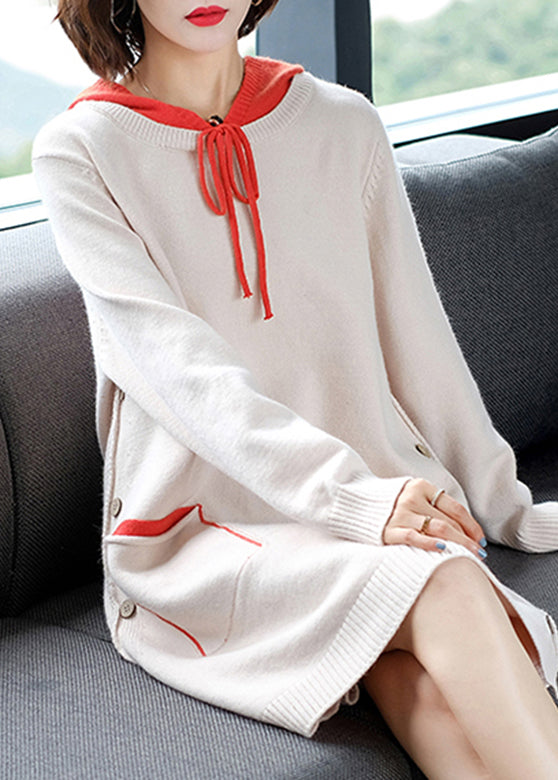 Beige Drawstring Thick Hooded Knit Woolen Sweater Dress Fall F4011