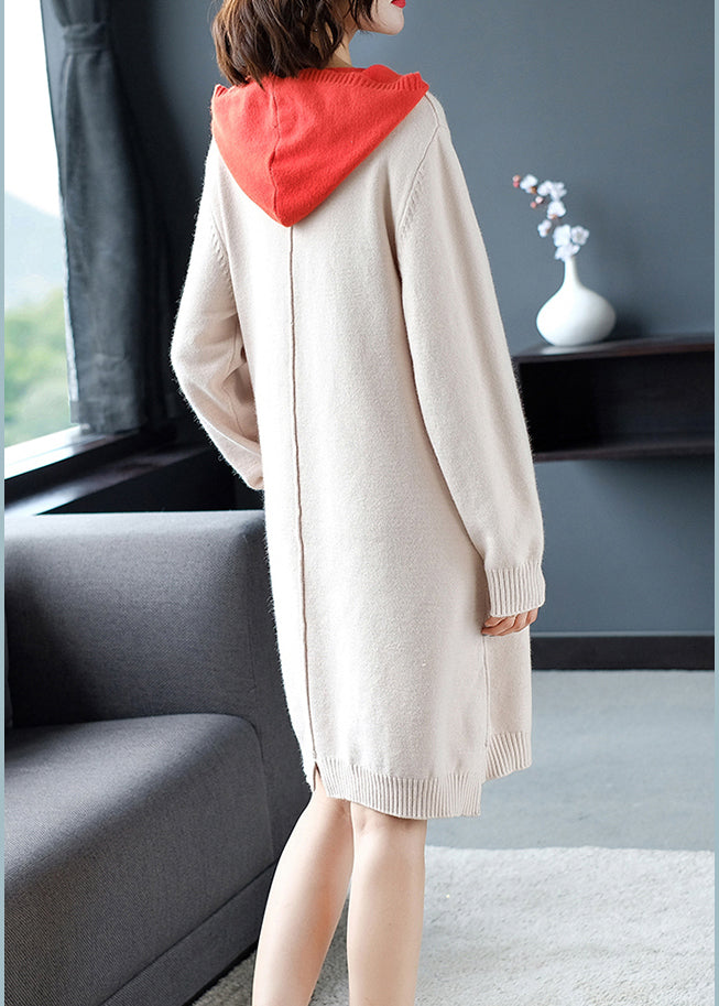 Beige Drawstring Thick Hooded Knit Woolen Sweater Dress Fall F4011