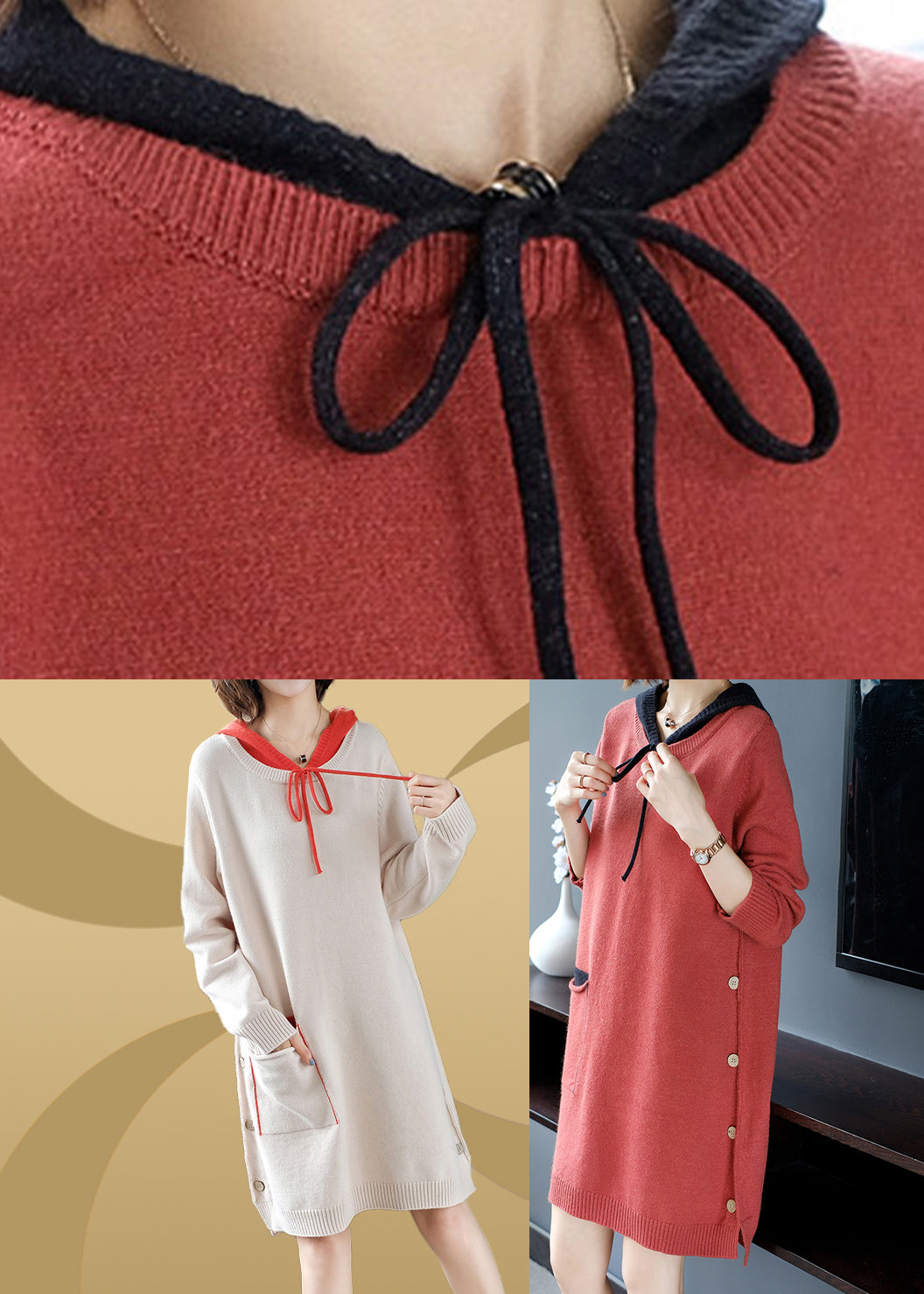 Beige Drawstring Thick Hooded Knit Woolen Sweater Dress Fall F4011