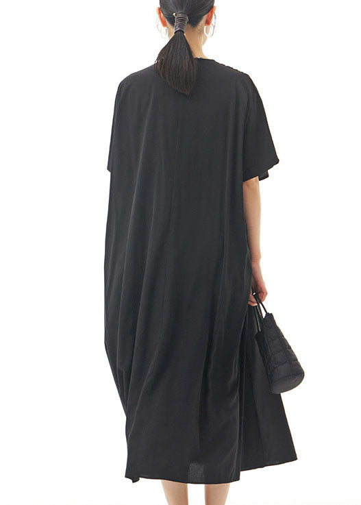 Black Patchwork Cotton Long Dresses V Neck Wrinkled Summer LY1150
