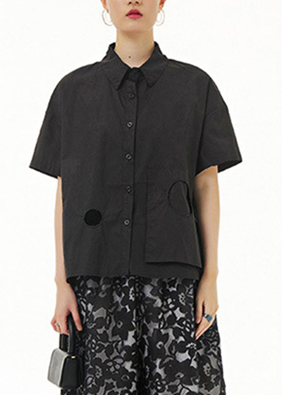 Black Patchwork Solid Cotton Shirt Short Sleeve LY1195
