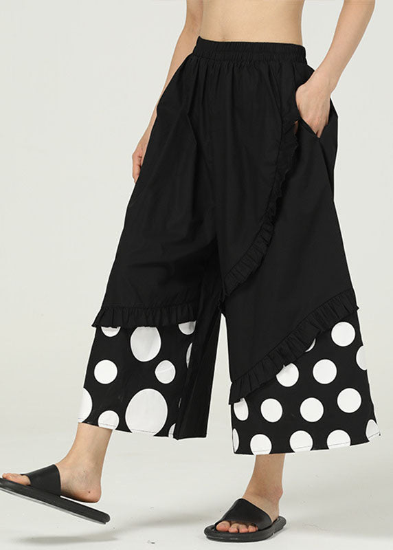 Black Pockets Dot Cotton Wide Leg Trousers Ruffled Summer LY1224