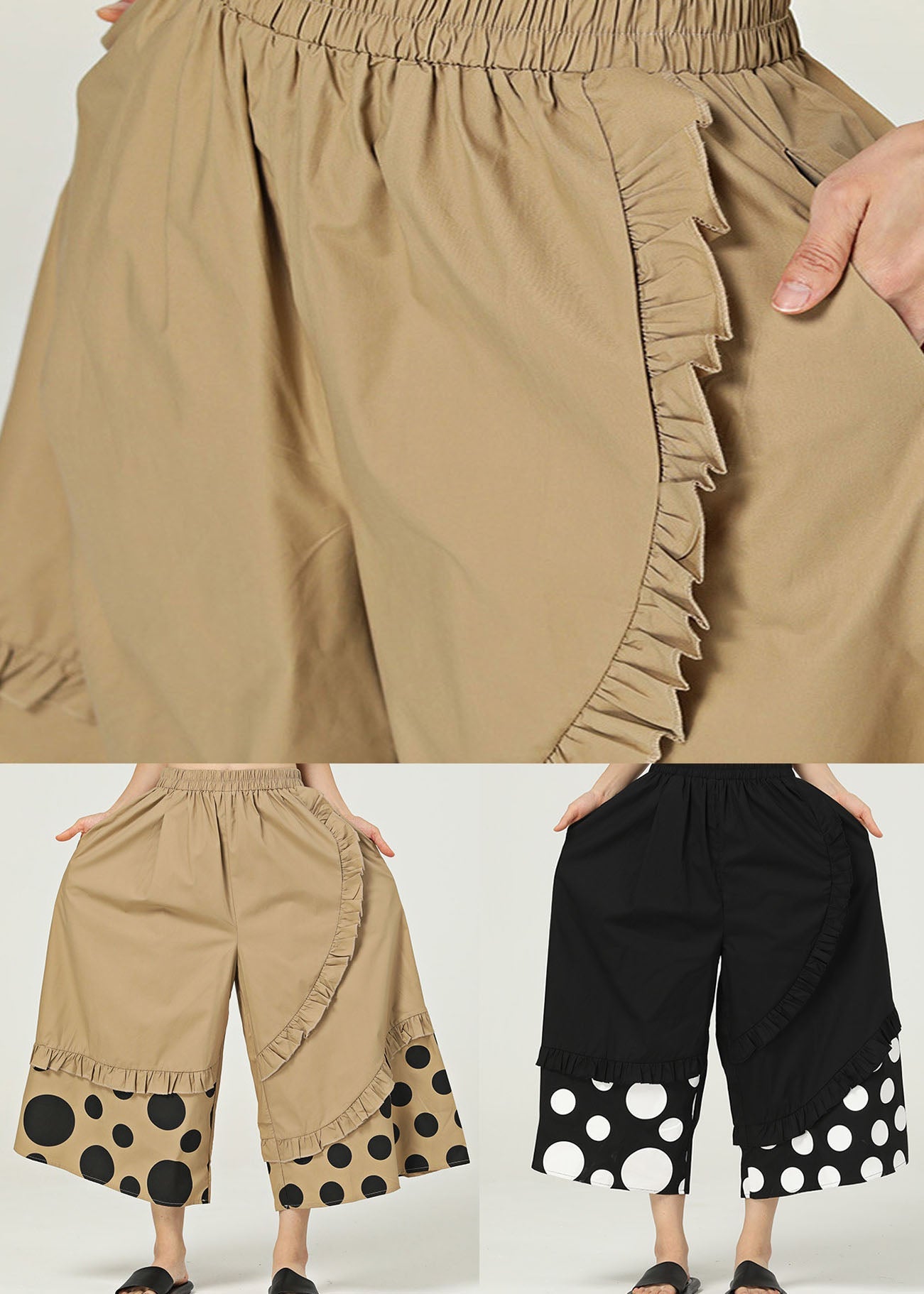 Black Pockets Dot Cotton Wide Leg Trousers Ruffled Summer LY1224