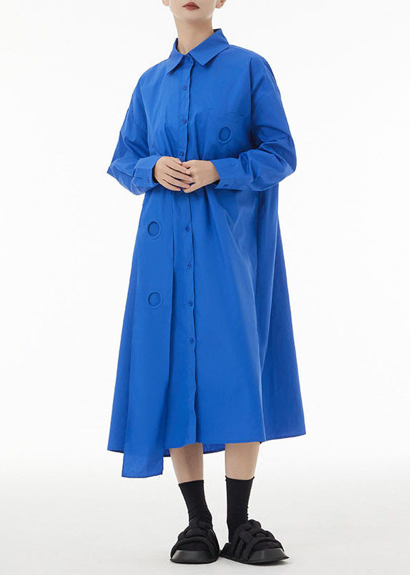 Blue Patchwork Cotton Shirt Dress Peter Pan Collar Button Spring LC0140