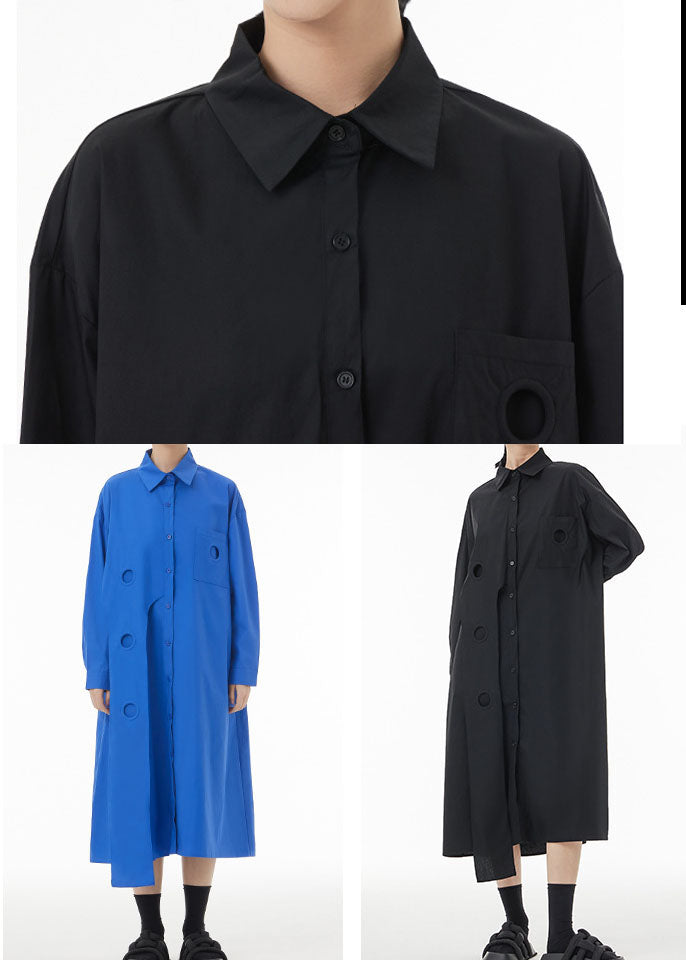 Blue Patchwork Cotton Shirt Dress Peter Pan Collar Button Spring LC0140