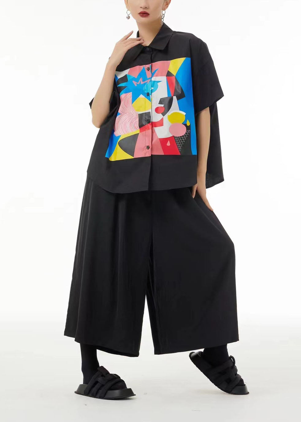 Bohemian Black Oversized Print Cotton Shirt Summer LC0128