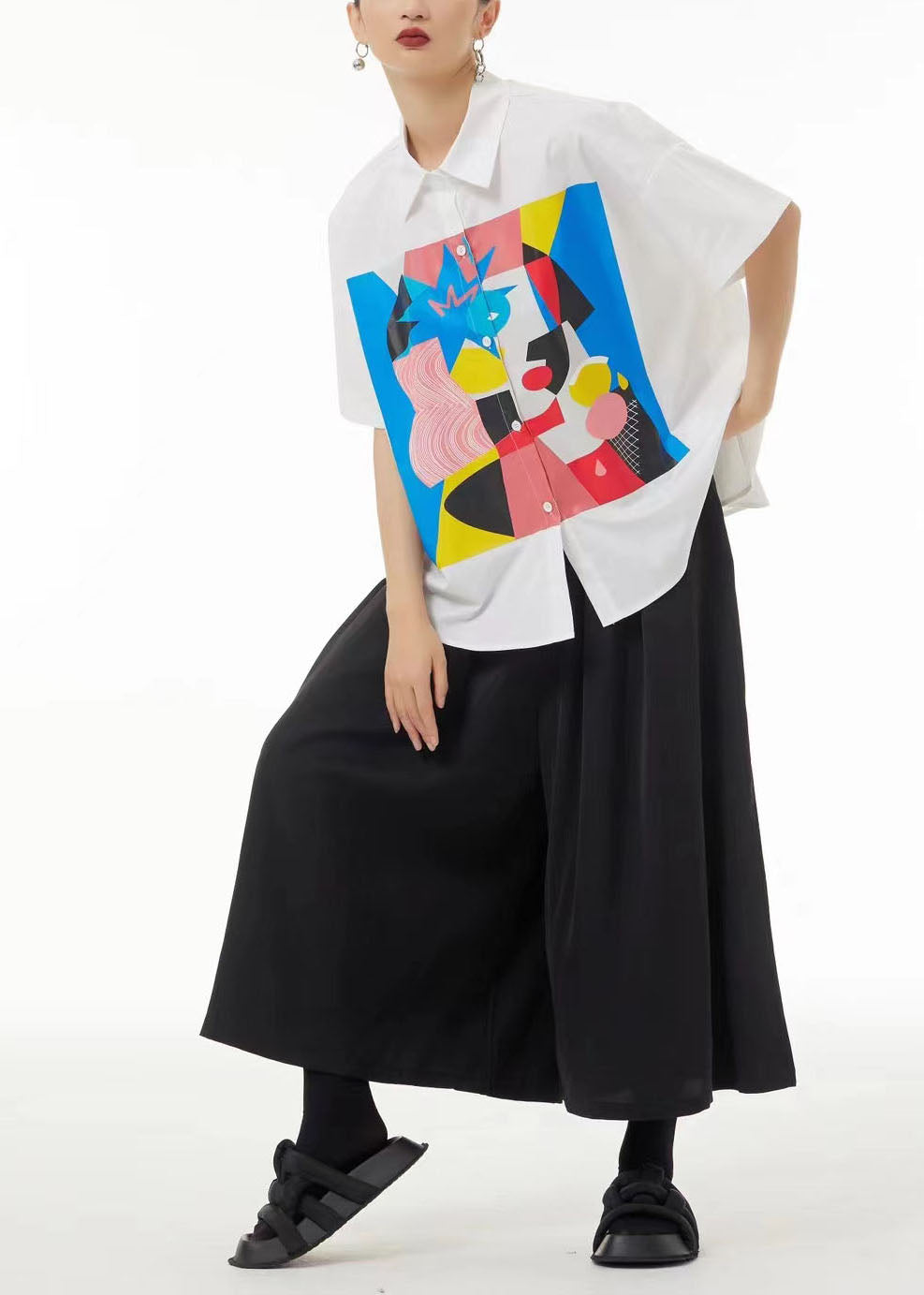 Bohemian Black Oversized Print Cotton Shirt Summer LC0128