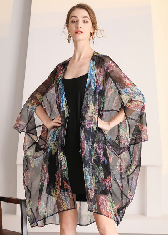 Bohemian Black Oversized Print Hollow Out Tulle Cardigan Summer LY0326