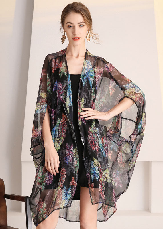 Bohemian Black Oversized Print Hollow Out Tulle Cardigan Summer LY0326