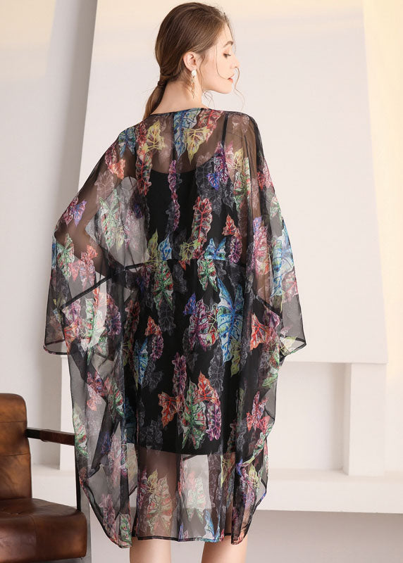Bohemian Black Oversized Print Hollow Out Tulle Cardigan Summer LY0326