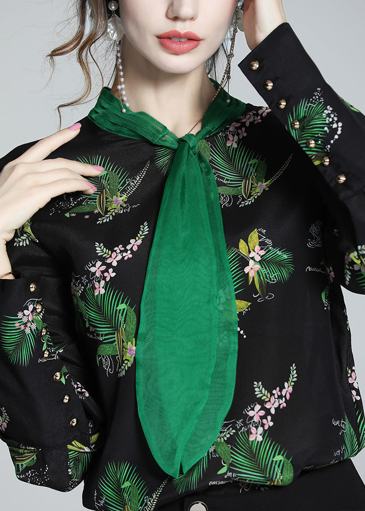 Bohemian Black Stand Collar Print Silk Shirt Spring LY0729