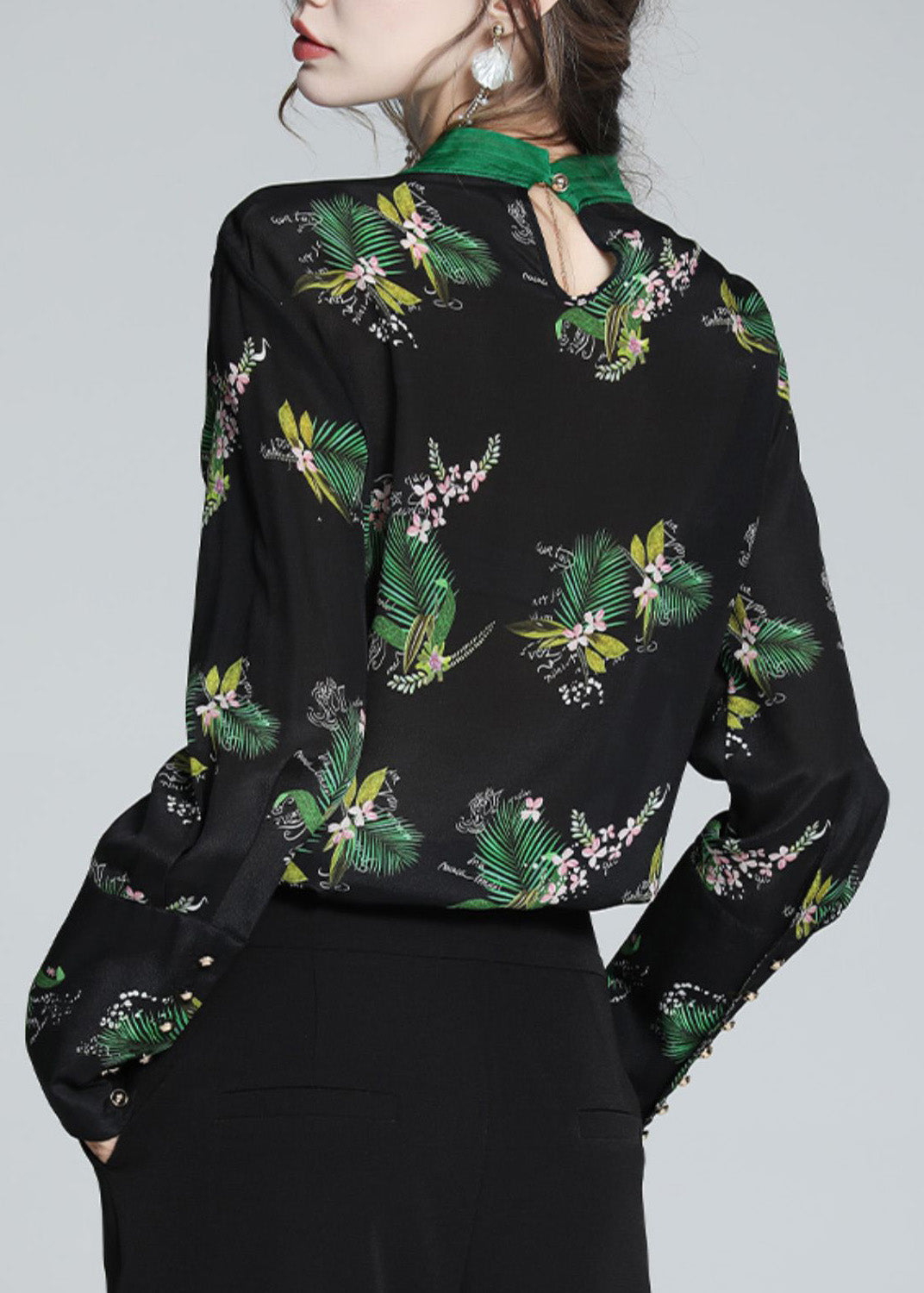Bohemian Black Stand Collar Print Silk Shirt Spring LY0729
