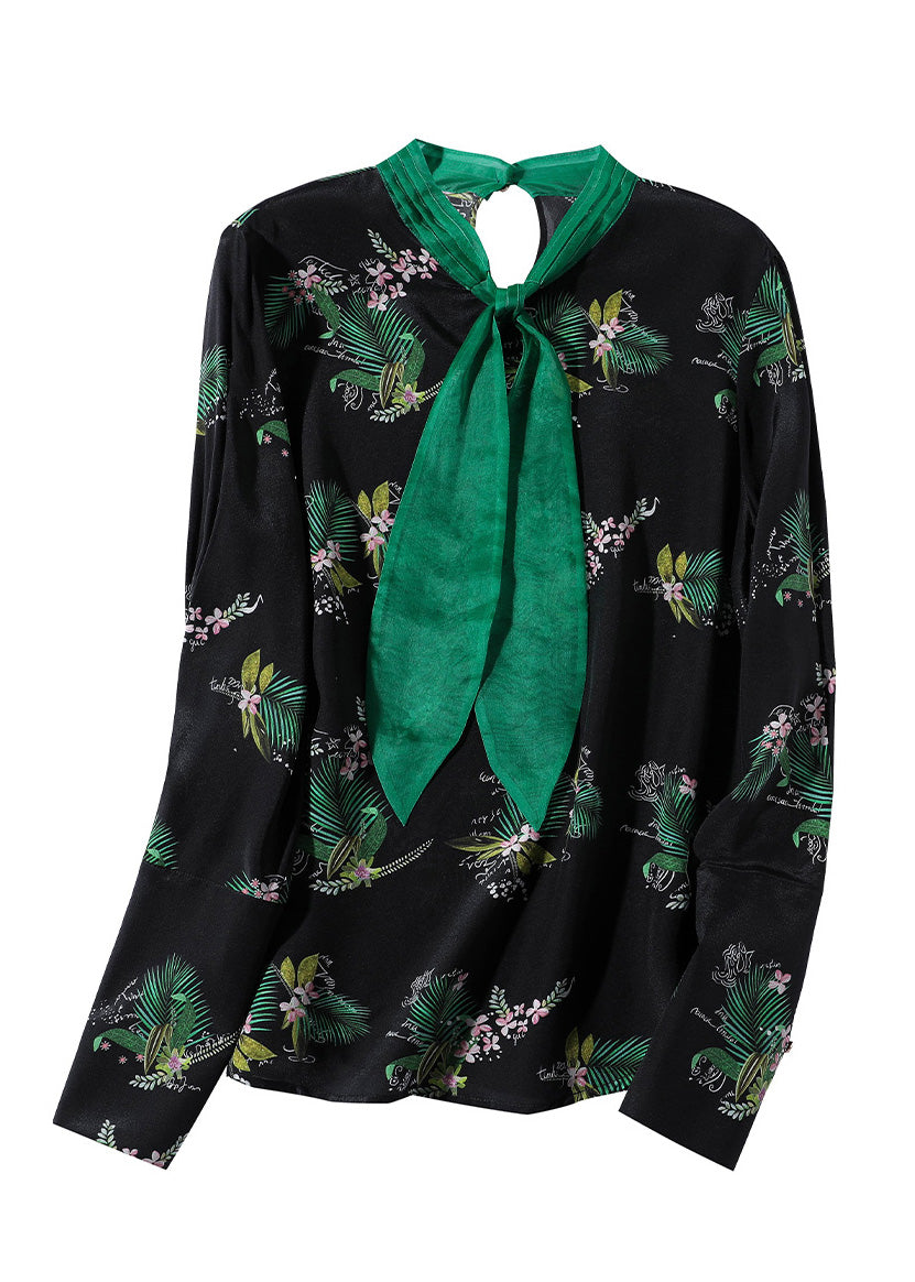 Bohemian Black Stand Collar Print Silk Shirt Spring LY0729