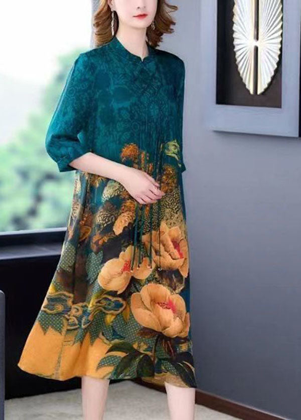 Bohemian Blue Stand Collar Print Tassel Silk Long Dress Half Sleeve LY1711