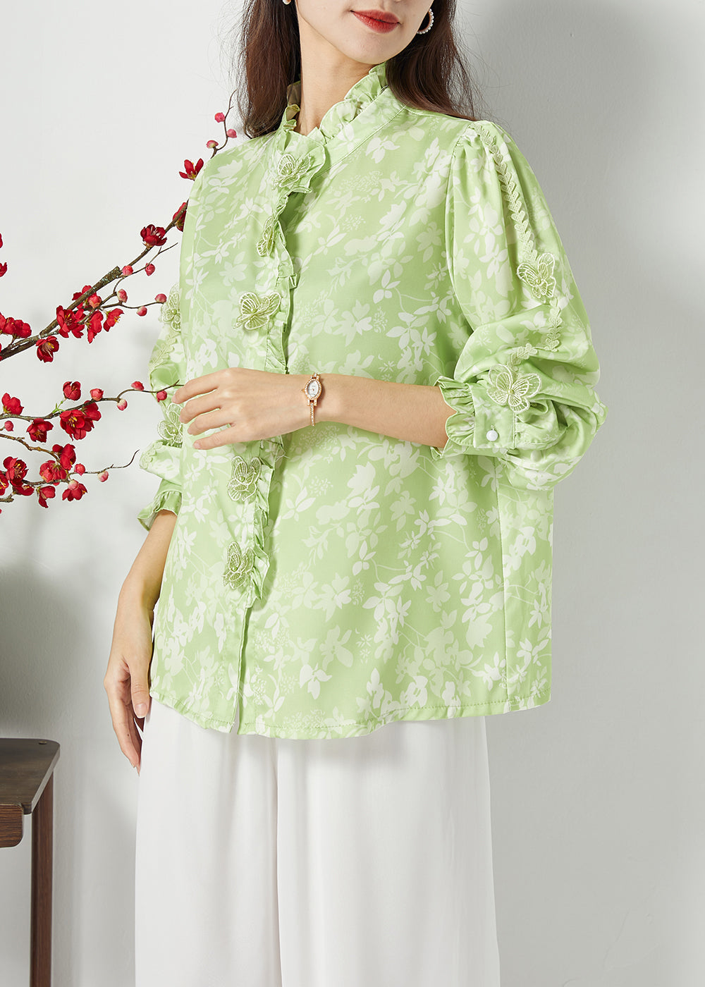 Bohemian Green Ruffled Print Butterfly Silk Tops Spring LC0389