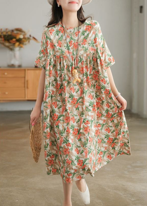 Bohemian Khaki Oversized Print Cotton A Line Dresses Short Sleeve LY0908