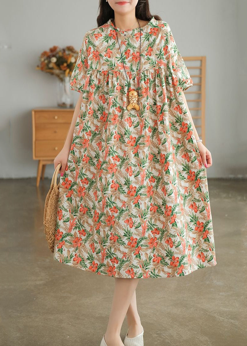 Bohemian Khaki Oversized Print Cotton A Line Dresses Short Sleeve LY0908