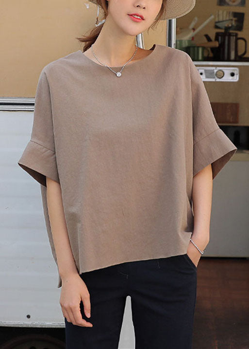 Bohemian Light Camel O Neck Patchwork Cotton T Shirt Half Sleeve LY1346