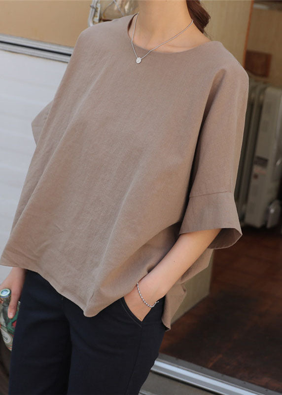 Bohemian Light Camel O Neck Patchwork Cotton T Shirt Half Sleeve LY1346