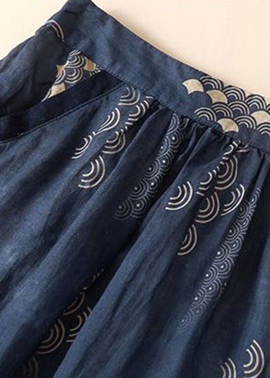 Bohemian Navy Wrinkled Pockets Patchwork Linen Skirts Summer LY0631